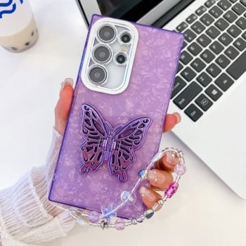 Противоударный чехол Plating Glitter Lens Film Texture Butterfly Holder Wristband для Samsung Galaxy S25 Ultra 5G - Purple Shell Pattern