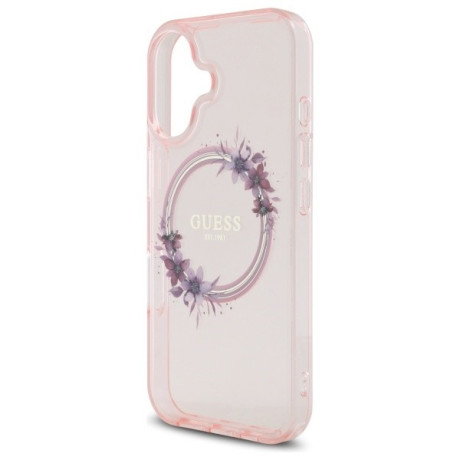 Оригинальный чехол Guess IML Flowers Wreath MagSafe для iPhone 16 - Pink