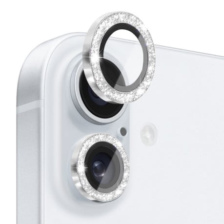 Захисне скло NORTHJO Glitter Camera Lens Protector Tempered Glass Metal Ring на iPhone 16 / 16 Plus - сріблясте