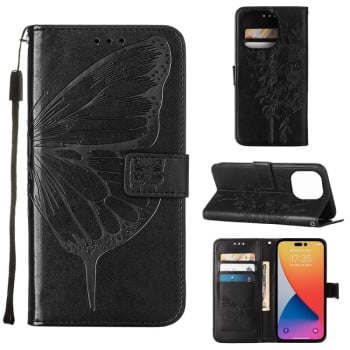 Чехол-книжка с тиснением “бабочки” и магнитным хлястиком на iPhone 14 Pro Max - черный