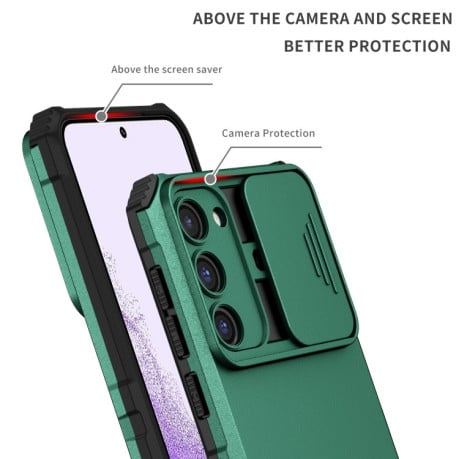 Противоударный чехол Stereoscopic Holder Sliding для Samsung Galaxy S23+ 5G - зеленый