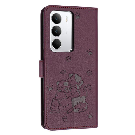 Чохол-книжка Embossed Kitten Phone Leather для Realme C71 4G - винно-червоний