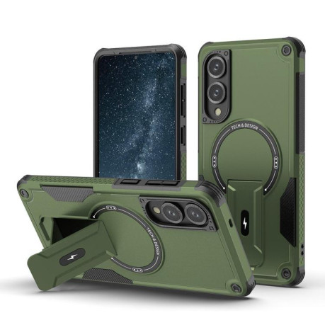 Противоударный чехол MagSafe Holder Armor PC Hybrid для Samsung Galaxy S25 Edge 5G - зеленый