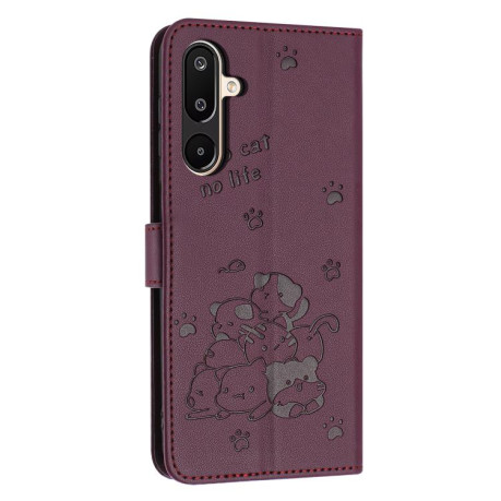 Чехол-книжка Embossed Kitten Phone Leather для на Samsung Galaxy F16 5G / M16 5G - винно-красный