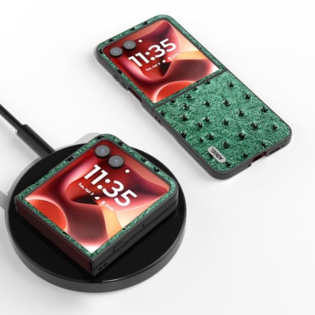 Кожаный чехол ABEEL Genuine Leather Ostrich Texture для Motorola Razr 60 Ultra - зеленый