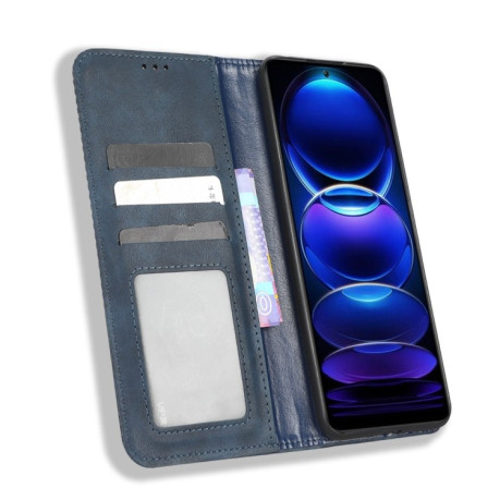 Чехол-книжка Magnetic Buckle Retro Crazy Horse Texture на Xiaomi Redmi Note 12 5G - синий