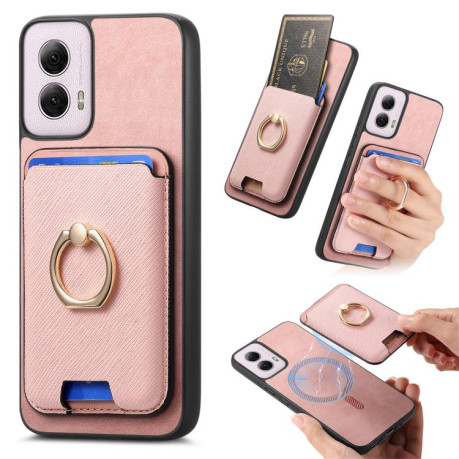 Чехол Retro Cross Leather Ring Vertical Insert Card Bag MagSafe для Motorola Moto G35 5G - розовый