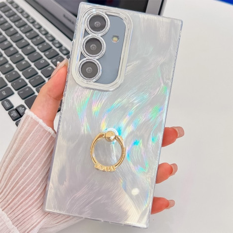 Противоударный чехол Plating Glitter Texture Ring Holder для Samsung Galaxy A36 5G - White Feather Yarn