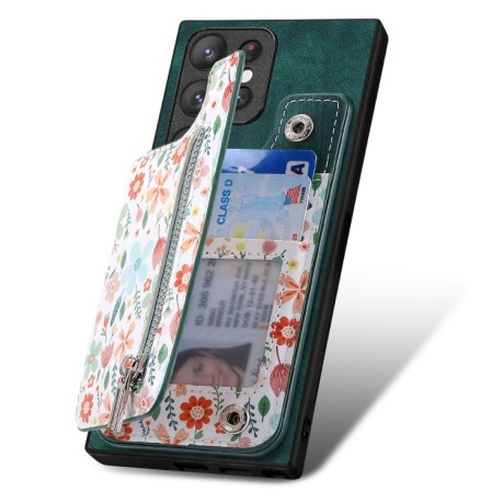 Противоударный чехол Retro Painted Zipper Wallet для Samsung Galaxy S24 Ultra 5G - зеленый