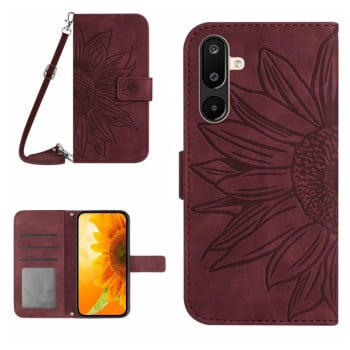Чехол-книжка Skin Feel с рисунком подсолнуха на Samsung Galaxy F16 5G / M16 5G - винно-красный