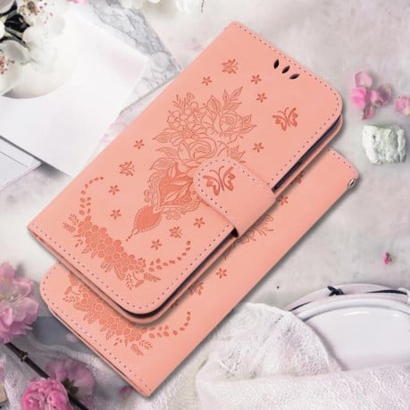 Чехол-книжка Butterfly Rose Embossed для Xiaomi Redmi Note 14 4G 164.48mm - розовый