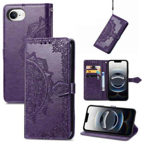 Чехол-книжка Mandala Embossing Pattern на iPhone 16e - фиолетовый