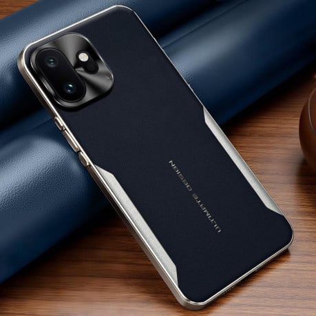 Противоударный чехол Electroplated Frame Sheepskin Texture Morandi Color с кожаной фактурой на OnePlus 15T — синий