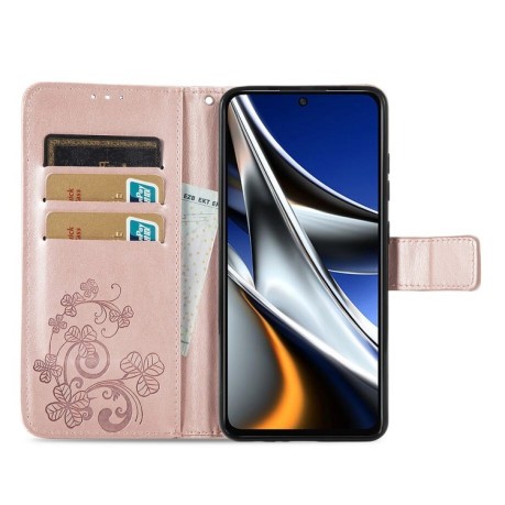 Чехол-книжка Four-leaf Clasp Embossed на Xiaomi Poco X4 Pro 5G - розовое золото