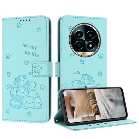 Чехол-книжка Embossed Kitten Phone Leather Case with Lanyard для Realme 13 Pro 5G - зеленый