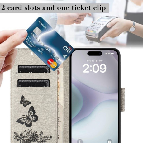 Чохол-книжка Embossed Butterfly для iPhone 16 Plus - сірий