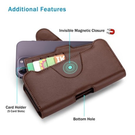 Універсальний чохол NUOKU на діагональ 5.5-6.7 Belt Clip Carrying Pouch з фактурою Litchi та кріпленням на пояс – темно-коричневий