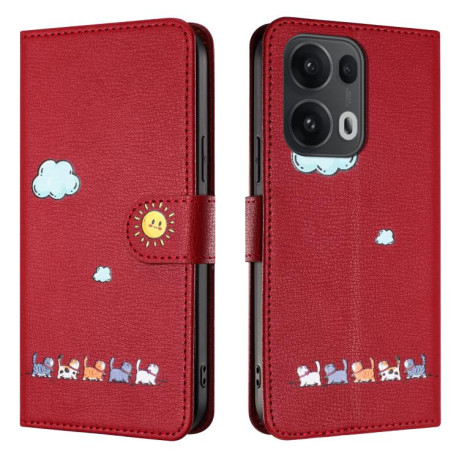 Чехол-книжка Cartoon Cats Leather для OPPO Reno13 Pro 5G Global - красный