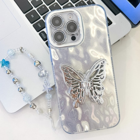 Противоударный чехол Plating Glitter Lens Film Texture Butterfly Holder Wristband для iPhone 16 Pro Max - White Wrinkles