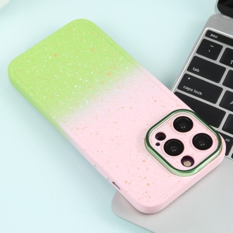 Противоударный чехол Gradient Starry Silicone Phone Case with Lens Film для iPhone 15 Plus - розово-зеленый