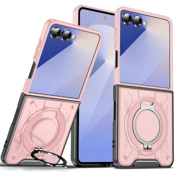 Ударозащитный чехол Transparent MagSafe Magnetic Rotating Ring Holder на Samsung Galaxy Flip 7 5G - розовый