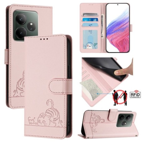 Чехол-книжка Cat Embossing Pattern на Realme GT 6T 5G Global - розовый