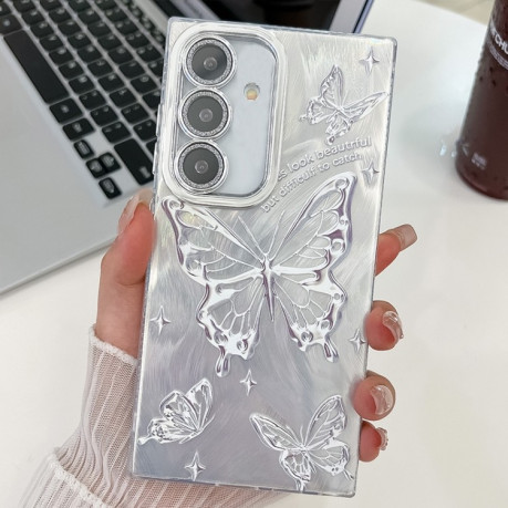 Противоударный чехол Plating Glitter Texture Butterfly для Samsung Galaxy A36 - Silver Butterflies
