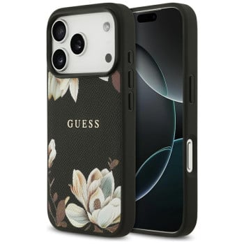 Оригинальный чехол Guess Grained Flowers Classic Logo с MagSafe на iPhone 17 Pro - black