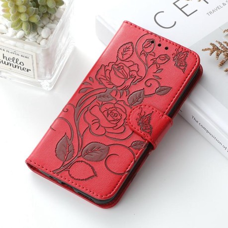 Чехол-книжка Rose Butterfly Embossed Leather для Realme 14 Pro+ - червоний