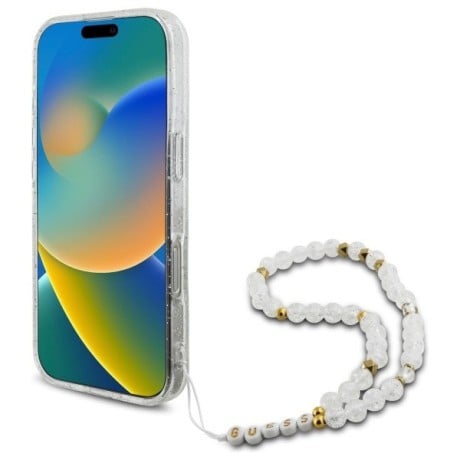 Оригинальный чехол Guess IML Glitter With Pearl Strap MagSafe для iPhone 16 Pro Max - Clear