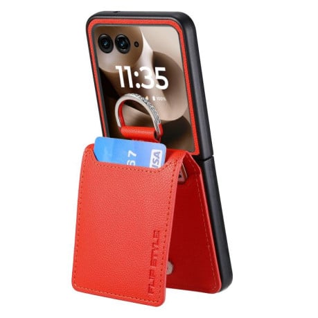 Противоударный чехол Litchi Texture Leather Ring Wallet  на Motorola Razr 60 Ultra - оранжевый