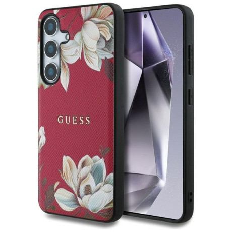 Оригинальный чехол Guess Grained Printed Flower Pattern MagSafe для Samsung Galaxy S25 - fuchsia
