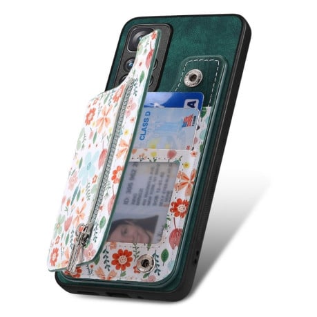 Противоударный чехол Retro Painted Zipper Wallet для Redmi Note 13 - зеленый