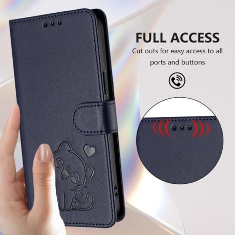Чохол-книжка Escase з рельєфним котом і ремінцем для Realme Note 70 / Note 70T 4G / C71 4G India — синій