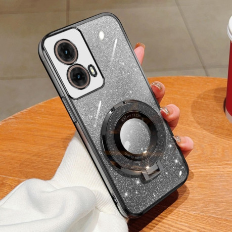 Противоударный чехол Plated Gradient Glitter Round Holder для Motorola Moto G85 - черный