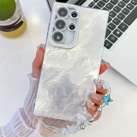 Противоударный чехол Plating Glitter Texture Chain для Samsung Galaxy S25 Ultra 5G - White Tinfoil Texture