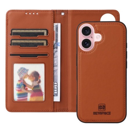 Чехол-книжка BETOPNICE BN-005 2 in 1 Detachable Imitate Genuine Leather для iPhone 16 - коричневый