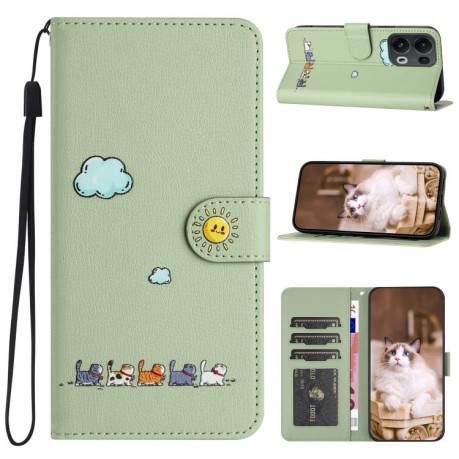 Чехол-книжка Cartoon Cats Leather для OPPO Reno13 Pro 5G Global - зеленый