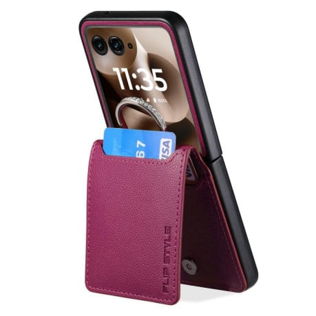 Противоударний чехол Litchi Texture Leather Ring Wallet на Motorola Razr 60 Ultra - фіолетовий
