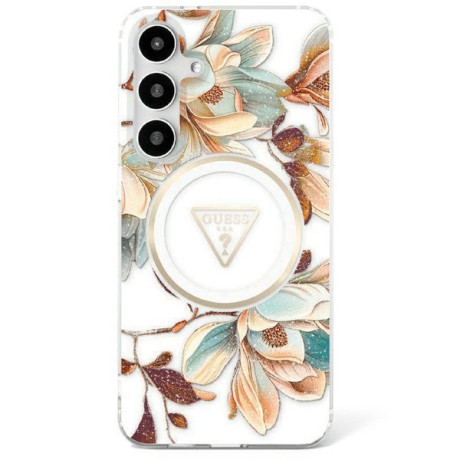 Оригинальный чехол Guess Glitter Flowers Triangle Buttons MagSafe для Samsung Galaxy S25 - White