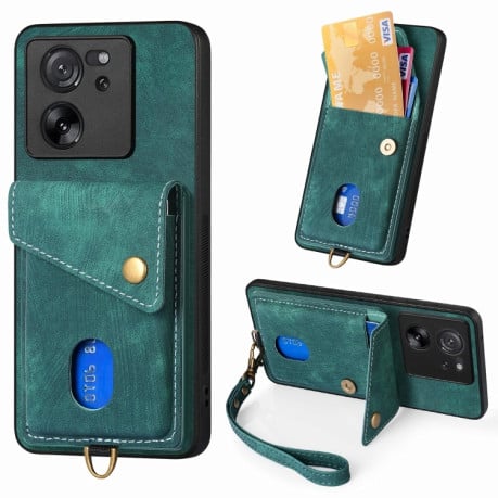 Противоударный чехол Retro Card Wallet Fold Leatherна для Xiaomi 13T / 13T Pro - зеленый