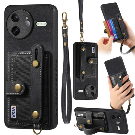 Противоударный чехол Retro Cross Wristband Wallet Leather для Xiaomi Poco F7 Ultra - черный