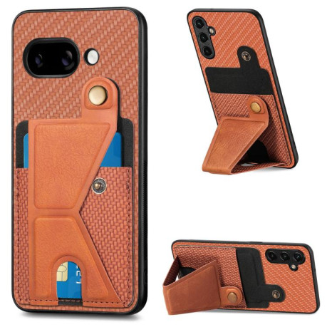 Противоударный чехол Carbon Fiber Card Wallet Ring Holder для Google Pixel 9a - коричневый