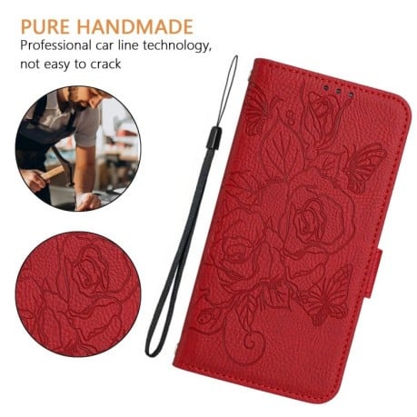 Чехол-книжка Embossed Rose RFID Anti-theft Leather для iPhone 16e - красный