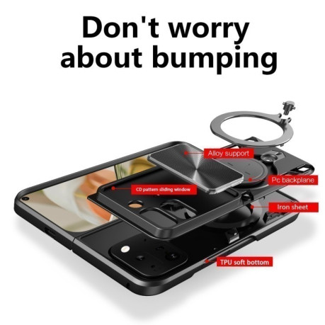 Чохол із шторкою камери CD фактурою та підставкою на Google Pixel 9 Pro Fold - сріблястий