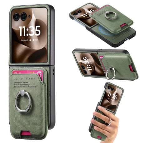 Противоударный чехол Twill Fabric Card Bag Ring Magnetic для Motorola Moto Razr 60 Ultra 5G - зелений