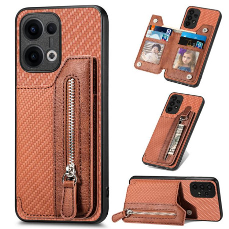 Противоударный чехол Carbon Fiber Horizontal Flip Zipper Wallet для OPPO Reno13 5G - коричневый
