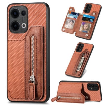Противоударный чехол Carbon Fiber Card Wallet Ring Holder для OPPO Reno13 Pro - коричневый
