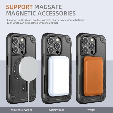 Противоударный чехол MagSafe Holder Armor PC Hybrid для iPhone 15 Pro - черный