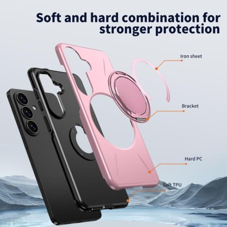 Чехол Metal Rotation Holder MagSafe TPU Hybrid PC с металлическим поворотным держателем и MagSafe для Samsung Galaxy S26+ 5G — розовый